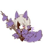  1girl barbed_wire black_dress chibi coat dress e.g.o_(project_moon) faust_(project_moon) holding limbus_company project_moon purple_coat purple_eyes short_hair solo tail uchimura_(rino0525) utility_pole white_hair wolf_boy wolf_tail 