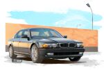  2023 artist_name black_car bmw bmw_e38 car commentary_request copyright_notice headlight highres lamppost left-hand_drive motor_vehicle nimbus_goldbrum no_humans original realistic shadow side-view_mirror steering_wheel vehicle_focus 