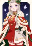  1girl blush cape christmas closed_mouth dress edelgard_von_hresvelg edelgard_von_hresvelg_(snowfall_future) fake_horns fire_emblem fire_emblem:_three_houses fire_emblem_heroes forehead fur-trimmed_cape fur-trimmed_dress fur_trim gloves gmais2514 green_cape hair_ornament highres horns long_hair looking_at_viewer mistletoe_hair_ornament mixed-language_commentary official_alternate_costume purple_eyes red_cape red_dress red_thighhighs smile solo thighhighs two-tone_cape two-tone_dress white_dress white_gloves white_hair 