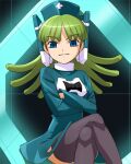  1girl black_thighhighs blue_eyes breasts character_request closed_mouth crossed_legs green_hair haruyama_kazunori hat long_hair looking_at_viewer mugenborg nurse_cap retro_artstyle smile solo thighhighs 