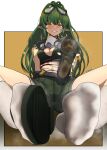  1girl absurdres arknights arm_support artist_name belt breasts cleavage facial_mark feet foot_focus foot_pussy foreshortening gavial_(arknights) gavial_the_invincible_(arknights) goggles goggles_on_head green_hair highres holding holding_shoes long_hair medium_breasts namukot no_shoes official_alternate_costume pointy_ears rebreather shoes shorts single_shoe sitting smell smile socks soles solo toenails toes unworn_shoes yellow_eyes 