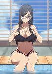  1girl absurdres bikini black_bikini black_hair blue_sky breasts closed_mouth cloud commentary dzombi english_commentary glasses highres large_breasts long_hair midriff minakata_hizuru navel pool purple_eyes sitting sky summertime_render swimsuit underwear water 