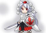  akagashi_hagane animal_ears bad_id bad_pixiv_id chibi hat inubashiri_momiji red_eyes shield solo sword tail tokin_hat touhou weapon white_hair wolf_ears wolf_tail 