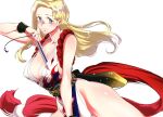  1girl andy_bogard apollo_(pixiv884782) arm_guards bare_hips blonde_hair blue_eyes blush breasts cleavage cosplay dougi fatal_fury flame_print folded_fan folding_fan genderswap genderswap_(mtf) hand_fan holding holding_fan japanese_clothes large_breasts long_hair looking_at_viewer ninja pelvic_curtain revealing_clothes rope shiranui_mai shiranui_mai_(cosplay) simple_background snk solo the_king_of_fighters thighs 