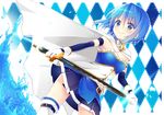  armband blue_eyes blue_hair cape checkered checkered_background gloves magical_girl mahou_shoujo_madoka_magica miki_sayaka nekosugi_(hoshi) short_hair smile solo sparkle sword thighhighs water weapon zettai_ryouiki 