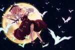  animal_ears bird brown_dress closed_eyes commentary_request dress full_moon kneehighs moon music mystia_lorelei nanairo_07 night no_nose outstretched_arm pink_hair pink_legwear shoes short_hair singing solo touhou winged_shoes wings 