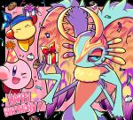  antlers bandana bandana_waddle_dee blue_bandana blushily box candy chocolate chocolate_bar closed_eyes colored_skin confetti cookie cupcake fecto_elfilis food gift gift_box happy_birthday hat highres kirby kirby_(series) kirby_and_the_forgotten_land looking_at_viewer multicolored_eyes party_hat pink_skin smile star_(symbol) sweat wing_ears yellow_fur 