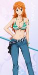  bangle bikini_top bracelet breasts character_name cleavage clima-tact contrapposto denim earrings fukuro_ooji hand_on_hip highres holster jeans jewelry large_breasts log_pose looking_at_viewer midriff nami_(one_piece) navel one_piece orange_hair pants shiny shiny_skin smile solo staff standing strap_gap tattoo zoom_layer 