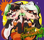  2girls :o ;d bare_shoulders black_gloves black_pantyhose bow-shaped_hair breasts callie_(splatoon) closed_mouth cousins cross-shaped_pupils detached_collar dress drop_shadow earrings facepaint fangs food food_on_head gloves gradient_hair grey_hair jewelry jumpsuit long_hair marie_(splatoon) mole mole_under_eye multicolored_hair multiple_girls object_on_head official_alternate_costume one_eye_closed open_mouth orange_dress orange_eyes orange_jumpsuit outline paint_splatter pantyhose pointy_ears red_hair short_eyebrows short_hair short_jumpsuit small_breasts smile sparkle splatoon_(series) splatoon_3 strapless strapless_dress symbol-shaped_pupils teeth tentacle_hair teo_(teorekka) two-tone_hair white_outline 