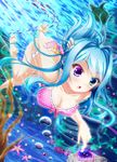  air_bubble barefoot bikini blue_eyes blue_hair breasts bubble cleavage fish freediving green_eyes heterochromia hiro_(725611) holding_breath large_breasts long_hair multicolored multicolored_eyes ocean open_mouth original purple_eyes solo swimming swimsuit underwater water 