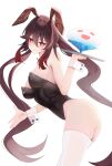  1girl absurdres ass blush boo_tao_(genshin_impact) breasts brown_hair genshin_impact grin highres hu_tao_(genshin_impact) long_hair looking_at_viewer medium_breasts playboy_bunny rable red_eyes smile solo symbol-shaped_pupils twintails very_long_hair 
