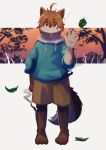  1boy ahoge animal_ears aru_(aru7g) blue_hoodie brown_pants commentary_request falling_leaves furry furry_male ghost grass highres hood hoodie leaf looking_at_viewer male_focus morenatsu nanafuse_(morenatsu) pants smile tail tree waving wolf_boy wolf_ears wolf_tail 