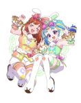  2girls :d ahoge animal_ears blonde_hair blue_hair blush boots bow braid breasts cat_hair_ornament closed_eyes facing_viewer fake_animal_ears fang flat_chest full_body green_shirt hair_bow hair_ornament hands_up hibino_matsuri large_breasts long_hair looking_at_viewer multiple_girls myamu open_mouth orange_hair orange_shirt paw_shoes pink_bow pretty_series purple_eyes rabbit_ears shirt shorts side_braid sleeveless sleeveless_shirt smile thigh_boots twintails waccha_primagi! white_background white_footwear white_shorts wrist_cuffs yadehi 