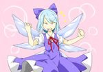  akagashi_hagane bad_id bad_pixiv_id blue_hair bow cirno fang hair_bow ice ice_wings smile solo touhou wings 