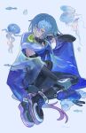  1boy absurdres arknights blue_cape blue_hair boots bubble cape closed_mouth clothing_cutout detached_sleeves fish highres hood hood_down hooded_cape infection_monitor_(arknights) jellyfish male_focus mizuki_(arknights) otoko_no_ko pantyhose_under_shorts pink_eyes see-through_cape short_hair_with_long_locks shorts smile solo white_background yomotobi 