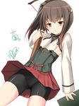  armor azuma_yuki bike_shorts blush bow_(weapon) brown_eyes brown_hair character_name covered_nipples crossbow flat_chest headband headgear kantai_collection magazine_(weapon) open_mouth pantylines pleated_skirt short_hair shorts shorts_under_skirt skirt solo taihou_(kantai_collection) weapon 