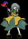  1girl black_footwear breasts full_body green_eyes green_skirt grey_hair hair_over_eyes heart highres koishi_komeiji&#039;s_heart-throbbing_adventure komeiji_koishi long_sleeves looking_at_viewer medium_hair open_mouth sentaku-bune shirt skirt solo third-party_source third_eye touhou yellow_shirt 