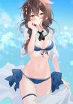  1girl ahoge bikini blue_bikini blue_eyes blush braid breasts brown_hair cleavage hair_between_eyes hair_flaps hair_over_shoulder highres kantai_collection looking_at_viewer medium_breasts naoto_(tulip) navel necktie revision shigure_(kancolle) shigure_kai_san_(kancolle) single_braid smile solo swimsuit thigh_strap 