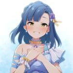  1girl blue_background blue_dress blue_hair blush choker collarbone dress flower frilled_dress frills gradient_background green_eyes hair_flower hair_ornament hands_up idolmaster idolmaster_million_live! looking_at_viewer nanao_yuriko own_hands_together parted_bangs purple_flower purple_rose rose single-shoulder_dress single_sleeve smile solo uccow upper_body white_background yellow_choker 