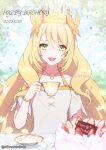  1girl blonde_hair bow butterfly_hair_ornament cake celine_(fire_emblem) crown cup dfhnokenbutu dress dress_bow fire_emblem fire_emblem_engage food green_eyes hair_ornament happy_birthday highres holding holding_cup looking_at_viewer open_mouth orange_gemstone orange_wristband princess teacup wrist_bow yellow_dress 
