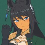  1girl animal_ears black_gloves black_hair blue_eyes dark-skinned_female dark_skin earrings gloves hair_between_eyes horse_ears horse_girl jewelry long_hair long_sleeves looking_at_viewer nenbutsu_0416 ponytail single_earring solo symboli_kris_s_(umamusume) umamusume upper_body 