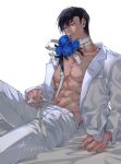  1boy abs bandages black_hair blue_flower blue_rose cowboy_shot flower fushiguro_touji green_eyes hair_ornament hairclip highres jujutsu_kaisen lips muscular muscular_male pants parted_lips pectorals rose sashiyu scar scar_on_face scar_on_mouth solo suit sweat white_pants white_suit 