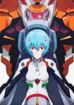  absurdres blue_hair bodysuit breasts cyclops eva_00 hair_between_eyes highres interface_headset mecha official_art one-eyed pilot_suit plugsuit red_eyes robot scan science_fiction short_hair size_difference white_bodysuit 