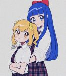  2girls :3 artist_name black_necktie black_skirt blue_eyes blunt_bangs blush bow collared_shirt from_side hair_bow hug hug_from_behind kisaragi_yuu_(fallen_sky) long_hair looking_at_viewer matching_outfits multiple_girls necktie no_nose orange_eyes orange_hair pipimi plaid plaid_necktie plaid_skirt pleated_skirt poptepipic popuko red_bow shirt short_hair sidelocks simple_background skirt sleeves_rolled_up straight_hair tatu two_side_up upper_body very_long_hair wavy_hair white_shirt 
