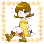  1girl :3 bare_shoulders blue_bracelet blush_stickers bob_cut boots brown_footwear brown_hair chibi dress final_fantasy final_fantasy_viii floral_background flower green_eyes heart on_ground one_eye_closed ouba_reiya selphie_tilmitt short_dress short_hair sitting smile solo yellow_flower yellow_overalls 