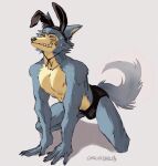 2023 absurd_res all_fours anthro athletic athletic_anthro athletic_male beastars blush bodily_fluids bulge canid canine canis carlosjarlos claws clenched_teeth clothed clothing eyebrows fake_ears fake_rabbit_ears fur hi_res legoshi_(beastars) male mammal narrowed_eyes nipples scar shadow signature simple_background smile solo speedo sweat swimwear teeth topless topless_anthro topless_male tuft white_background wolf