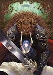  blue_hair dress feline female hair human knight lion male mammal roses sword weapon 