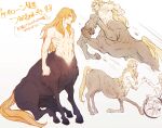  1boy 1girl blonde_hair bow centaur chiron_(fate) completely_nude fate/apocrypha fate_(series) fiore_forvedge_yggdmillennia from_below full_body hand_on_own_chest hand_up handshake harukazu highres holding_hands hooves horse_tail long_hair long_sleeves looking_to_the_side male_focus monster_boy multiple_views nude on_one_knee running signature simple_background sitting smile tail taur toned toned_male translation_request wheelchair white_background 
