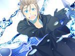  black_coat_(kingdom_hearts) blonde_hair blue_eyes cloak demyx gloves instrument karuteto kingdom_hearts male_focus sitar water 