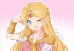  1girl ;p armor blonde_hair blue_eyes breasts chinese_commentary circlet commentary_request earrings index_finger_raised jewelry long_hair medium_breasts one_eye_closed parted_bangs pink_background pointy_ears princess_zelda shoulder_armor signature solo the_legend_of_zelda the_legend_of_zelda:_a_link_between_worlds tongue tongue_out triforce_earrings upper_body vambraces yun_(dl2n5c7kbh8ihcx) 