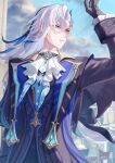  1boy arm_up ascot asymmetrical_bangs black_gloves blue_coat blue_gemstone blue_hair blue_sky blurry blurry_background brooch building buttons cloud coat commentary_request day floating_hair frilled_sleeves frills gem genshin_impact gloves gold_trim hair_between_eyes hair_ornament highres jewelry lapels long_hair long_sleeves looking_to_the_side low-tied_long_hair male_focus multicolored_hair neuvillette_(genshin_impact) outdoors pamu_(pamu_oekk) parted_bangs parted_lips purple_eyes sky sleeve_cuffs solo streaked_hair very_long_hair white_ascot white_hair 