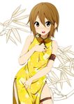  \||/ alternate_costume alternate_hairstyle armlet bare_shoulders blush brown_eyes brown_hair china_dress chinese_clothes dress hair_down k-on! looking_at_viewer official_style open_mouth ragho_no_erika round_teeth short_hair smile solo tainaka_ritsu teeth thigh_strap 