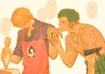 2boys apron beard blonde_hair blue_shirt colored_skin commentary_request cooking earrings facial_hair flustered food green_hair haramaki highres holding_hands jewelry licking licking_finger looking_at_another male_focus mature_male multiple_boys one_piece pastry pastry_bag pink_apron roronoa_zoro sanji_(one_piece) shirt short_hair single_earring smile teeth white_background white_shirt white_skin yaoi ynnn_m 
