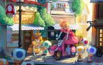  2girls absurdres bag baguette bakery bicycle blonde_hair blue_toad_(mario) bow bread brown_hair calilo dress elbow_gloves food gloves green_toad_(mario) hair_bow highres kneeling lamppost mario_(series) motor_vehicle multiple_girls on_scooter paper_bag pink_dress ponytail princess_daisy princess_peach puffy_short_sleeves puffy_sleeves red_toad_(mario) road scooter shoes shop short_sleeves sidecar smile sneakers street toad_(mario) vespa white_gloves yellow_dress yellow_toad_(mario) 