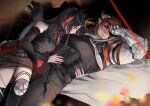  1boy 1girl arknights black_gloves black_hair black_jacket black_shirt breasts demon_horns dress eyepatch gloves highres hoederer_(arknights) horns ines_(arknights) jacket long_hair looking_at_viewer male_focus pointy_ears red_eyes red_hair shirt yellow_eyes yinchuanhudie 