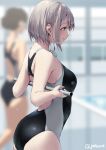  2girls blue_eyes blurry blurry_background blush breasts closed_mouth commentary_request competition_swimsuit grey_hair indoors jonsun medium_breasts multiple_girls one-piece_swimsuit original pool riku_(jonsun) short_hair sidelocks solo_focus swimsuit thighs twitter_username wet wet_clothes wet_swimsuit 