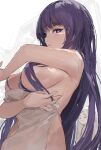  2girls absurdres armpit_crease blush breasts closed_mouth fern_(sousou_no_frieren) frieren hair_censor highres large_breasts long_hair looking_at_viewer mo:oku multiple_girls naked_towel purple_eyes purple_hair solo_focus sousou_no_frieren towel very_long_hair white_hair 