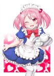  1girl alternate_costume apron blue_dress bow bowtie cup dress enmaided fang frilled_apron frills hair_bobbles hair_ornament highres kantai_collection kirigakure_(kirigakure_tantei_jimusho) maid maid_headdress pink_eyes pink_hair red_bow red_bowtie sazanami_(kancolle) short_hair skin_fang solo tea_set teacup teapot thighhighs twintails white_apron white_thighhighs 