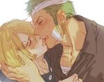  2boys bandaged_chest bandaged_head bandages beard black_shirt blonde_hair blue_eyes blue_shirt colored_skin earrings facial_hair flustered grabbing_another&#039;s_hair green_hair highres imminent_kiss jewelry looking_at_another male_focus mature_male multiple_boys one_piece roronoa_zoro sanji_(one_piece) shirt short_hair simple_background single_earring tan teeth white_background white_skin yaoi yellow_eyes ynnn_m 