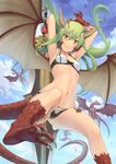  dragon-kin female green_hair hair horn monster monster_girl sky sword underwear weapon wings 