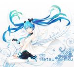  2014 blue_eyes blue_hair boots character_name copyright_name dated fingerless_gloves floating_hair gloves hatsune_miku high_heels highres iso1206 long_hair necktie sitting skirt solo thigh_boots thighhighs twintails very_long_hair vocaloid wings 