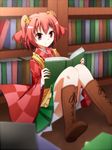  apron bell book bookshelf boots checkered cross-laced_footwear hair_bell hair_ornament highres japanese_clothes lace-up_boots motoori_kosuzu open_book reading red_eyes red_hair sitting smile ten203159 touhou two_side_up 