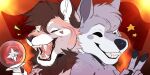 &lt;3 ambiguous_gender anthro brown_body brown_fur brown_hair canid canine canis duo english_text felid feline fur grey_body grey_fur grey_hair hair hi_res inner_ear_fluff mammal teeth text tongue tozzmutt tuft white_body white_fur wolf