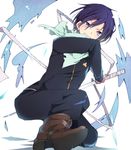  bad_id bad_pixiv_id blue_eyes boots grin male_focus noragami one_knee purple_hair scarf smile solo sword sxupxdxxy track_suit weapon yato_(noragami) 