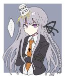  ... 1girl black_gloves black_jacket black_ribbon border braid brown_necktie collared_shirt cropped_torso crossed_arms cup_ramen_on_head danganronpa:_trigger_happy_havoc danganronpa_(series) food food_on_head gloves grey_hair hair_ribbon highres jacket kirigiri_kyoko long_hair necktie object_on_head open_clothes open_jacket pale_skin pink_eyes ribbon shirt side_braid solo speech_bubble todoroki_gk2 upper_body white_border white_shirt 