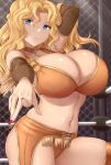  1girl absurdres arm_up blonde_hair blue_eyes blurry blurry_background blush breasts chain-link_fence choker cleavage closed_mouth commentary_request fence foreshortening fuurinji_miu highres huge_breasts long_hair looking_at_viewer navel orange_panties orange_shirt panties pointing pointing_at_viewer shijou_saikyou_no_deshi_ken&#039;ichi shirt skywalker0610 solo standing underwear wavy_hair wrestling_outfit wrestling_ring 